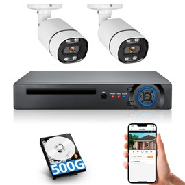 Fuers 8CH H.265+ Surveillance DVR Kits,Security Camera System with 2 x 2592TVL 5MP Wired IP66 Bullet Cameras for Indoor Outdoor Use,500G Hard Drive Included, Email Alert,Mobile APP & PC Remote