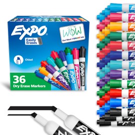 EXPO Marcadores de borrado en seco de bajo olor, punta de cincel, varios colores a la moda, 36 unidades para uso en el aula, oficina y hogar