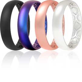 ThunderFit Alianzas de boda de silicona para mujer, ranuras de aire transpirables – 4 mm de ancho – 1,5 mm de grosor (negro, galaxia, oro rosa, perla, tamaño 9,5 – 10 (19,8 mm)