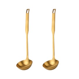 Buyer Star 2 Pcs Soup Ladle Spoons, Gold Cookware Serving Long Handle Steel Slotted Spoon Cooking Utensil Set for Hotpot
