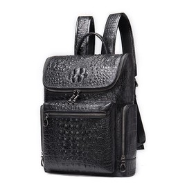 NIUCUNZH Premium Leather 14 Inch Laptop Backpack Large Capacity Daypack for Travel Hiking Camping, Crocodile Embossed Black