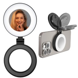 Magnetic Ring Light with Mirror for Phones, 3 Color Modes & Touch Control, Rechargeable Selfie Light with Type-C Port & Universal Metal Ring Adapter, Works with All Smartphones, Black
