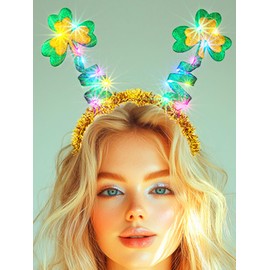EARENT St Patricks Day Light Up Headbands Sparkly Green Shamrock Headpiece Rave Irish Festival Hair Accessories for Women