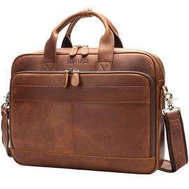 STAR VISTA Siro 15.6" Slim Laptop Messenger Bag, Full Grain Leather Briefcase, YKK Zippers, Brass Hardware, Red Brown
