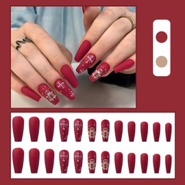 24 Pcs Christmas Press on Nails Long Coffin Nails Artificial Full Cover False Nails with Cute Bear Design Matte Fake Nails Acrylic Snowflake Nails Holiday Glue on Nails Stick on Nails for Women Girls