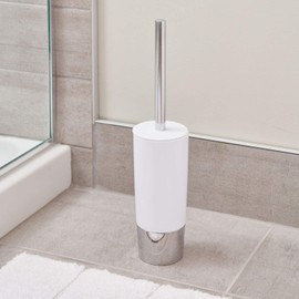 iDesign 99000 Duetto Plastic Toilet Bowl Brush and Holder, Slim Set for Bathroom Cleaning and Storage, 4" x 4" x 17.2", White and Chrome