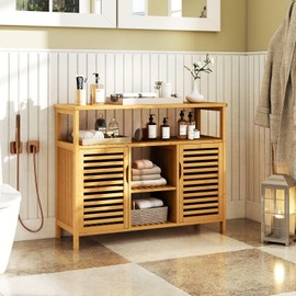 Giantex Bamboo Bathroom Storage Cabinet, 2-Door Storage Organizer with Shelves, Freestanding Floor Cabinet, Slatted Bamboo Home Furniture for Living Room Entryway Kitchen Dining Room, Natural