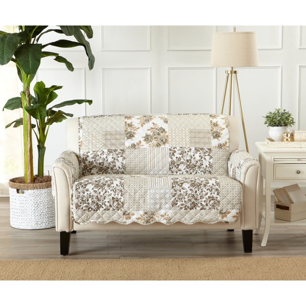 Great Bay Home Patchwork Scalloped Printed Furniture Protector Stain Resistant Loveseat Cover (Loveseat, Taupe)