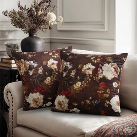 StangH 18x18 inch Floral Throw Pillow Covers, Brown Velvet Blossom Decorative Square Cushion Covers Super Soft Seasonal Vintage Pillowcases for Couch Bed Sofa, Pack of 2