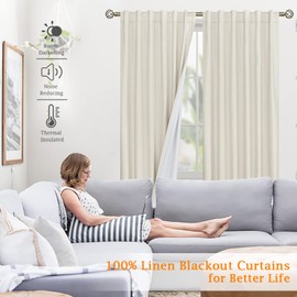 LAMIT Ivory 100% Blackout Linen Curtains, 72 Inch Linen Textured Living Room Farmhouse Curtains Room Darkening Back Tab and Rod Pocket Burlap Neutral Panels with White Liner, 2 Panels, 52 x 72 Inch