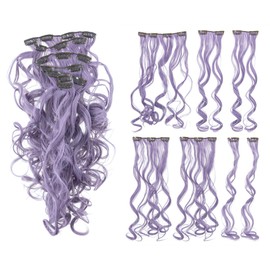SWACC 7 Pcs Full Head Party Highlights Clip on in Hair Extensions Colored Hair Streak Synthetic Hairpieces (20-Inch Curly, Lavender)