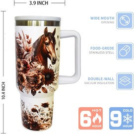Horse Tumbler with Handle and Straw,Horse Gifts for Horse Girl Lovers,Stainless Steel Travel Mugs Cup for Women Girl 40 Oz