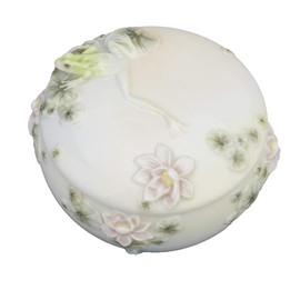 US 3.5 Inch Porcelain Keepsake Dish with Lid Frog and Lily Motif