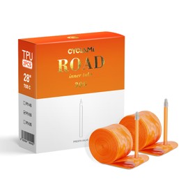 CYCLAMI Set of 2 Orange 700C TPU Bicycle Inner Tubes - 30 g Lightweight - 65 mm FV Valve for 18-32C Tyres