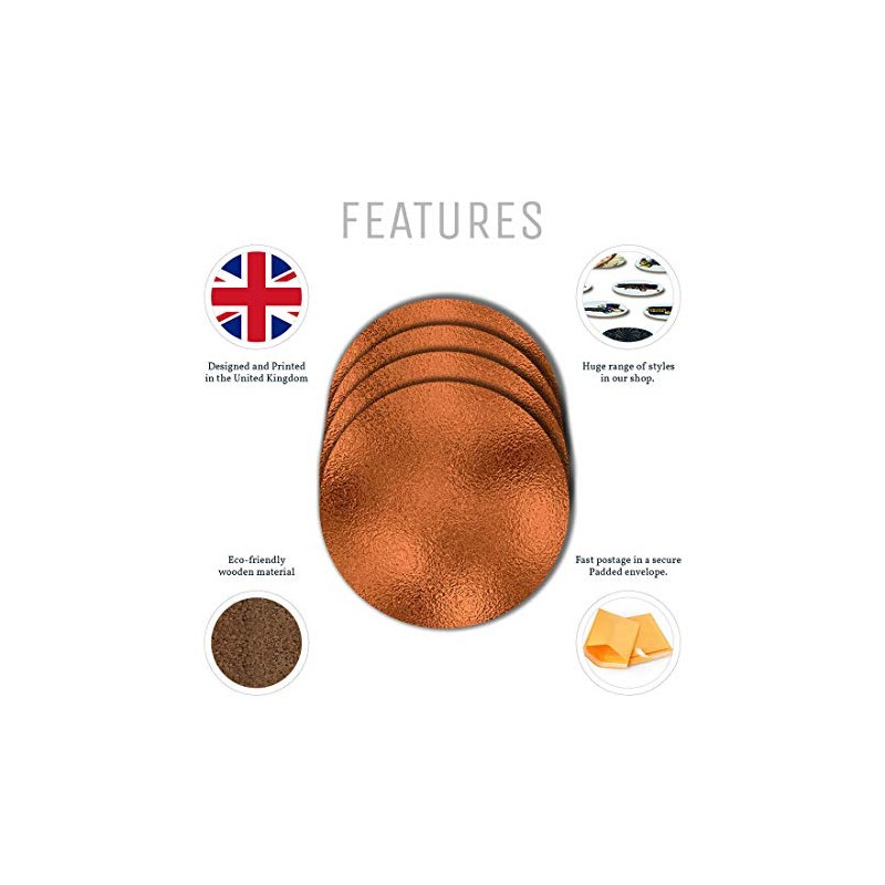 4 Set - Copper Effect Round Coasters - Metal Bronze