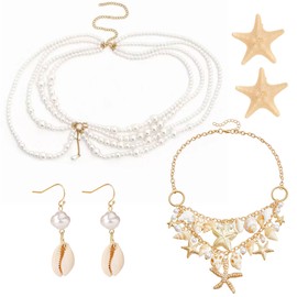 JeVenis Pearl Starfish Earrings Necklace Mermaid Costume Beach Accessories Jewelry for Women Seashells Starfish Pearl Summer Beach Gifts for Women