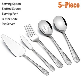 E-far - Utensilios de servir martillados, juego de 5 piezas de acero inoxidable para bufé, fiesta, cocina, restaurante, acabado espejo y apto para lavaplatos