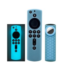 Compatible for Alexa Voice Remote Cover/TV Stick 4k (2nd Gen) with Airtag Holder, Glow in The Dark, Item Finder Anti-Slip Silicone Protective Case, Glow Blue