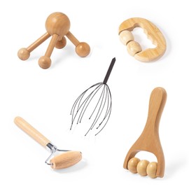 5 in 1 Massage-Set - Entspannung - Holzmassagegerät für Körper, Gesicht und Haar + Tasche