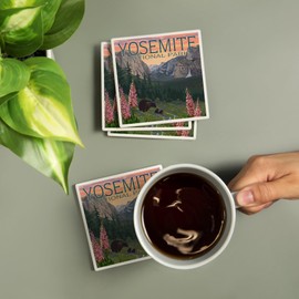 Yosemite National Park, California, Bear and Cubs with Flowers (Absorbent Ceramic Coasters Set of 4 Matching Images, Cork Back, Kitchen Table Decor)