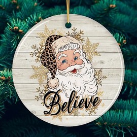 Vintage Believe Santa Christmas Ornament (Version 2 - Gold, Circle)