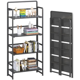 4NM No-Assembly 4 Tiers Folding Bookshelf Storage Shelves Vintage Bookcase Standing Racks Study Organizer Home Office (All Black)