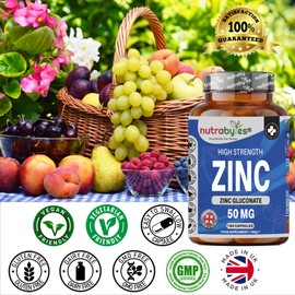 Zinc Capsules High Strength - 50mg Elemental Zinc – 180 Vegan Capsules (6 Month Supply) – Zinc Gluconate - Chelated Zinc Supplements for Immune System, Hair, Skin, Bones, Nails – Made by Nutrabytes
