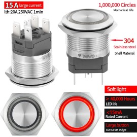 ZJWZJH 22mm Push Button Switch 15A 110V/ 120V AC Momentary Red 2NO DPST Angel Eye LE...