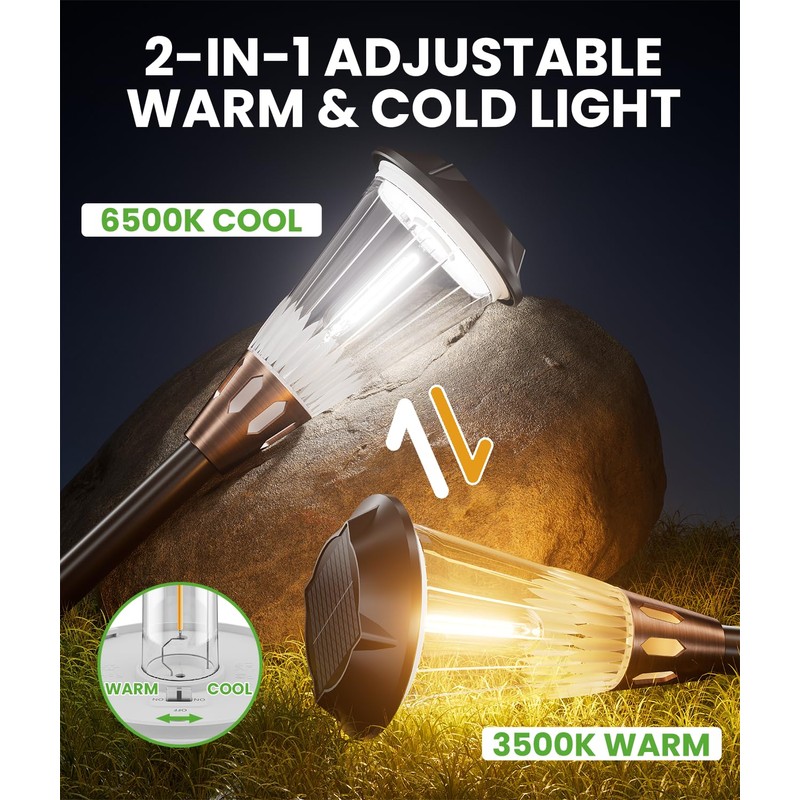 BITPOTT 4 Pack Solar Pathway Lights Waterproof IP65, 2-in-1 Warm&Cool