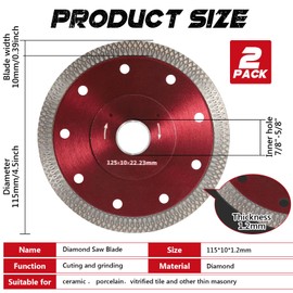 2PCS 4-1/2 Inch Tile Grinder Cutting Blades,Red Super Thin Diamond Porcelain Saw Blades,4.5-inch Tile Cutting Discs for Angle Grinders,Suitable for Porcelain,Ceramic,Granite,with 7/8"-20mm-5/8 Arbor