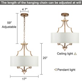 HUOKU Drum Chandeliers for Dining Room 3-Light Gold White Modern Drum Chandelier with Fabric Shade, 17" Rustic Hanging Light Fixture for Living Room, Bedroom, Kitchen