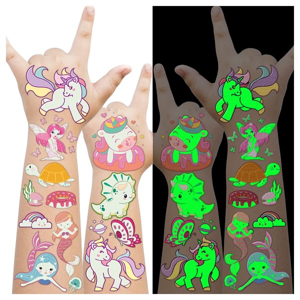 123 Styles Luminous Temporary Tattoos for Girls Kids Gifts,Fake Unicorn Mermaid Butterflis Dinosaur Tattoo Stickers for Toddler,Birthday Party Supplies Favors for Kids Glow Makeup in the Dark