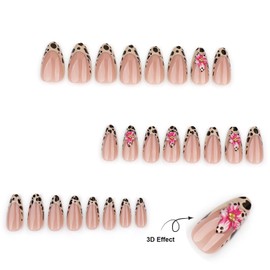 LPOODDNU Leopard French Tip Press on Nails Medium Almond Fake Nails with 3D Flower Designs Black French False Nails Spring Floral Glue on Nails Glossy Acrylic Nails Stick on Nails for Women 24Pcs