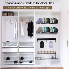 4 Packs Hat Organizer for Baseball Caps for Wall, Hat Rack Holds 50 Hats, Multi-Purpose Metal Hat Holder Storage Organizer for Wall, Door, Closet, No Drilling, Black