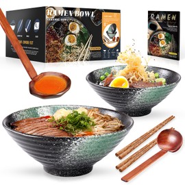 YTLEMON Ramen Bowls Set of Ceramic, 2 Sets of 34 Ounces Large Japanese Serving Bowls with Chopsticks and Spoons Forks for Pho, Dinnerware for New Apartments Suitable as Housewarming Gifts(Green)