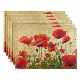 Red Poppy Floral Placemats Set of 6,Vintage Flowers Dining Table Mats,Non-Slip Washable Place Mats Farmhouse Kitchen Table Placemats for Indoor Outdoor Party Wedding Decoration,12x18 inch
