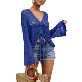 FERBIA - playera de ganchillo para mujer, tela con cordón para la playa, de gran tamaño, sexy, con cordones, poncho, marino, XL