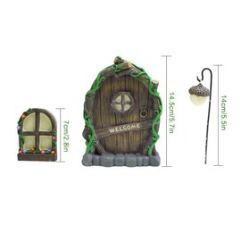 Miniature Fairy Tree Door with Two Glow Windows, Waterproof Door and Windows Tree Statues Mystical Garden Glow Sculptures for Yard Lawn Art Decoration