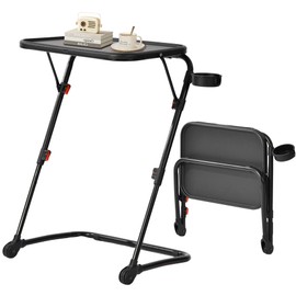 FurnitureR Folding TV Tray Z-Shaped with Cup Holder, Foldable Snack Dinner Side Table with 4 Height & 3 Tilt Angle, Adjustable Portable Space-Saving for Bed, Sofa, Couch, Metal Frame, Set of 1, Black