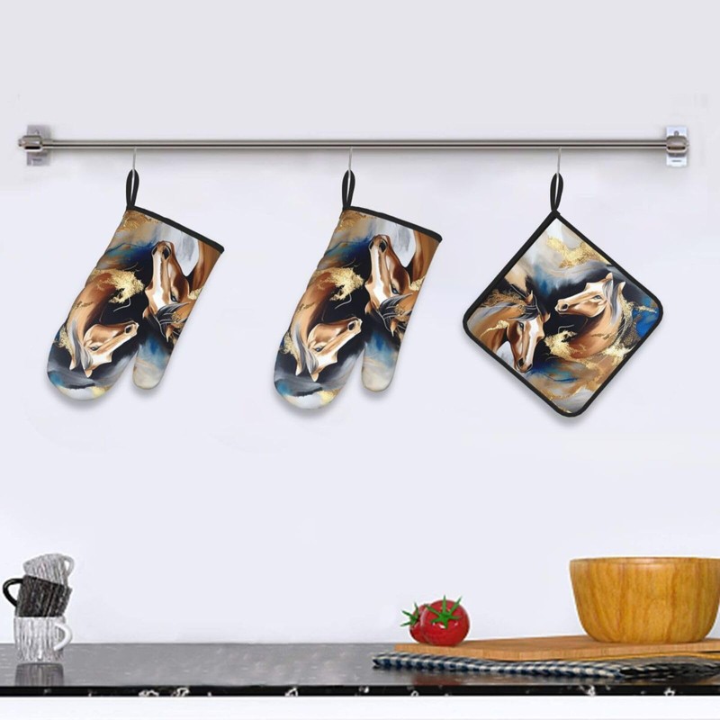 Horse Oven Mitts and Pot Holders Sets of 3 Modern