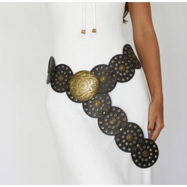 LIMHOO Wide Disc Belt for Women Leather Hollow Out Round Belt Boho Western Waist Belt, A Black