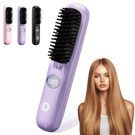 2025 Upgraded Go Brush Pro,Portable Straightener Brush for Travel, with LCD Temperature Display, Fast Heating Cordless Mini Hair Brush,Rechargeable Portable Hair Straightener for Women (Purple)