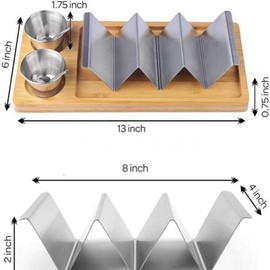 2 Packs Taco Holder Kit Stainless Steel Taco Holder with Wooden Serving Tray 4-in-1 Taco Set with Stainless Steel Dip Bowls & Spoons, for Taco Lover Vegetarian Christmas Gifts