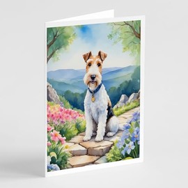 Caroline's Treasures Fox Terrier Spring Path Greeting Cards Pack of 8 Blank Cards with Envelopes Whimsical A7 Size 5x7 Blank Note Cards