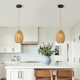 ZPBSJ Brown Rattan Pendant Light Kitchen Island Hanging Lights Height Adjustable Boho Lamp E27 Hanging Lamp Basket Lamp for Farmhouse Living Room (Pack of 1)