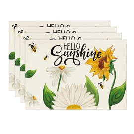 Artoid Mode Beige Sunflower Bees Summer Placemats Set of 4, 12x18 Inch Seasonal Spring Holiday Table Mats for Party Kitchen Dining Decoration