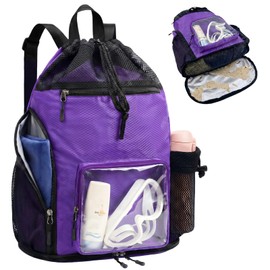 YUHAN PRETTY Mesh Beach Backpack Sandproof Waterproof Drawstring Backpack with Tumbler Side Pockets Swim Bag for Pool Gym(Purple)