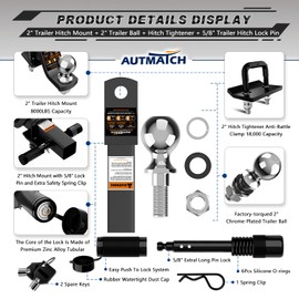 AUTMATCH Trailer Hitch Ball Mount with 2 Inch Hitch Ball - Fits 2" Receiver with Hitch Tightener, 8000Lbs Capacity Ball Hitch, 2-Inch Drop with 5/8" Hitch Lock Pin, Frosted Black