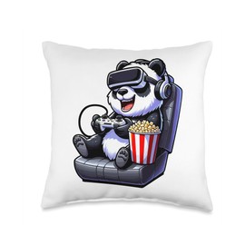 Gamer Panda Popcorn Gaming Chair Headphones Games Player Throw Pillow