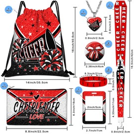 CEMOTY 10pcs Cheer Drawstring Backpack Gifts Set with Drawstring Bag,Cosmetic Bag,Stickers,Wristbands,Necklaces,ID Badge,Lanyard,Button Pins-10pcs Cheer Gifts Set-Red